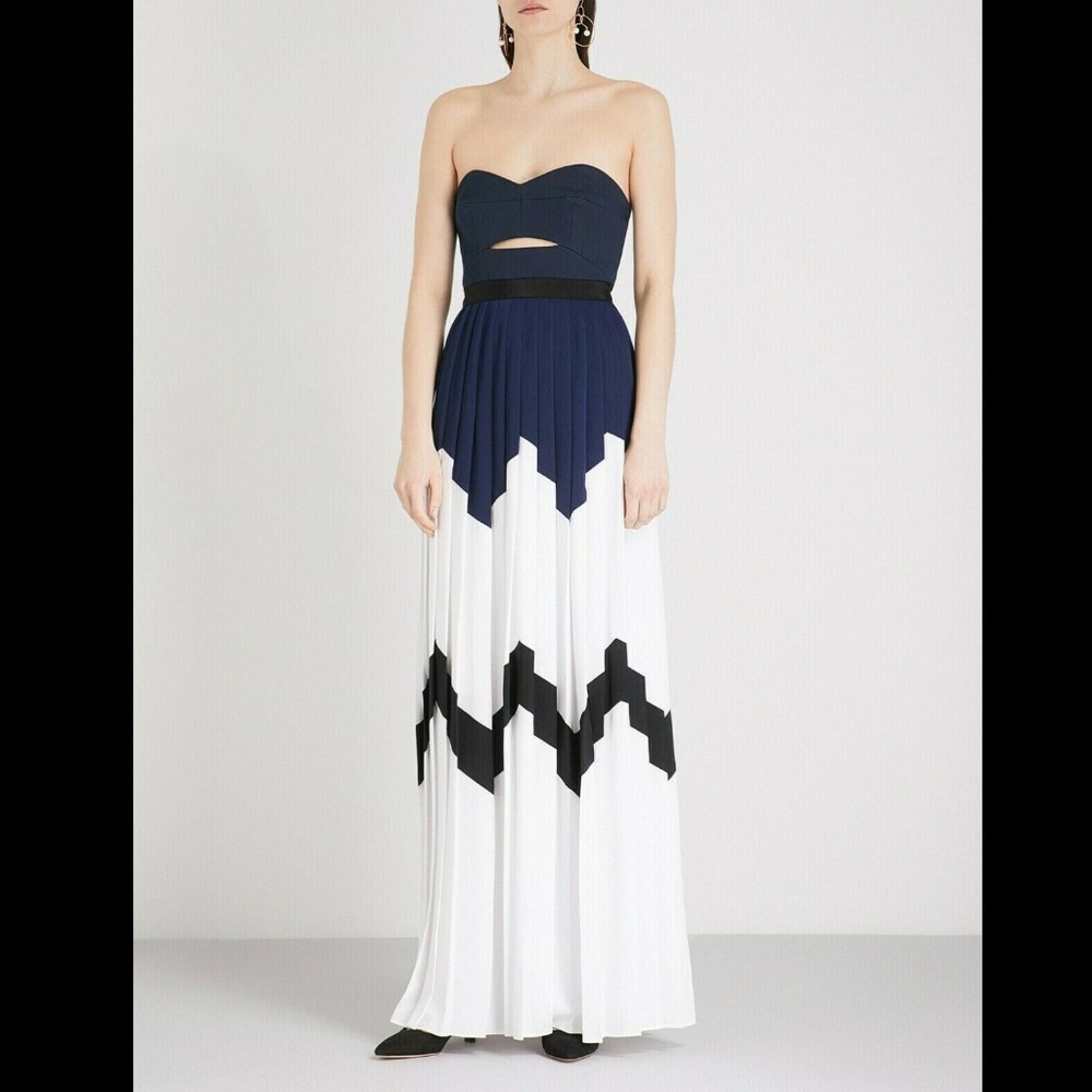Self-Portrait Pleat Bandeau Navy White Maxi Dress